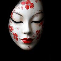 White Japanese Theater Mask with Red Floral Design and Closed Eyes on Black Wall photo