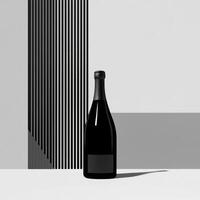 Unlabeled Black Wine Bottle Against Striped Geometric Background Design photo