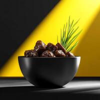 Black Matte Bowl Filled with Stewed Meat Under Dramatic Yellow Light photo