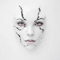 Futuristic White Mask with Cracks Revealing Internal Wires, Pink Eyes photo