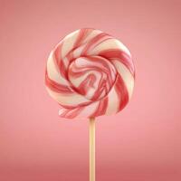 Classic Red and White Swirl Lollipop on a Plain Pink Background photo