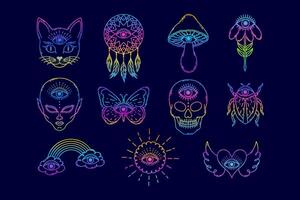 Set of hand drawn elements in doodle style with mystical all seeing eye vector