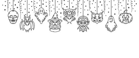 Halloween garland with doodle style characters on white background. vector