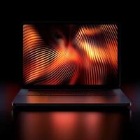 Laptop Displaying Abstract Flowing Golden Lines on Dark Background photo