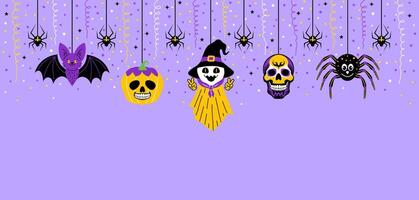 Halloween garland with doodle style characters on violet background. vector