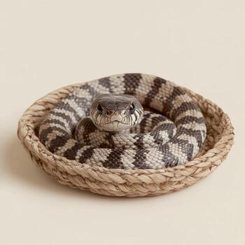 Coiled Black and White Patterned Snake Resting Inside a Woven Basket photo