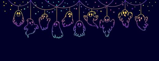 Garland with doodle style ghosts on dark background. vector