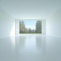 Bright Empty White Room Featuring Large Window with Lush Forest View Outside photo