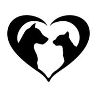 Silhouette of a cat and dog couple with a heart symbol, representing love and romance, in a cute and simple design vector