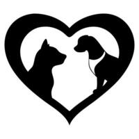 Silhouette of a cat and dog couple with a heart symbol, representing love and romance, in cute and simple design vector