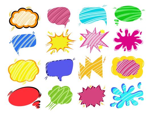 Set of comic speech bubbles without words in Pop art in the style of the 90s in bright colors. Comic-cartoon sound bubble for stickers, postcards, decor