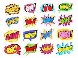 Pow comic speech bubbles set with the words -Pow, OMG, Wow, Oops and others. Pop art in the style of the 90s in bright colors. Comic cartoon sound bubble speech. vector