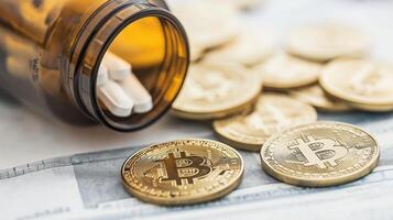 Digital Currency Flowing from a Prescription Bottle Surrounded by Dollar Bills and Coins photo