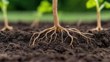 Close-Up of Rich Healthy Soil with Glowing Mycelium Network Beneath Vibrant Plant Roots photo