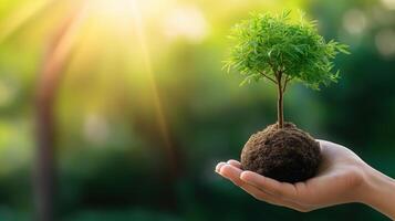 Hand Holding Small Tree Growing on Digital Globe in Soft Natural Light photo