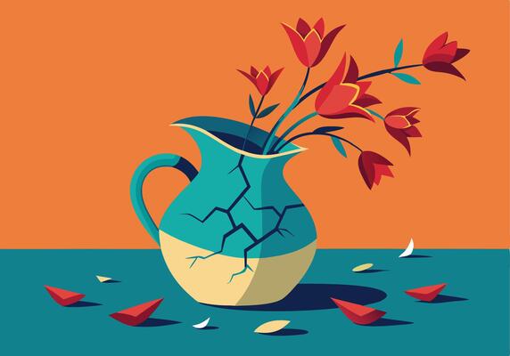 Cracked Pitcher, Red Tulips, Still Life, Broken Vase, Orange Background, Teal Surface, Fallen Petals
