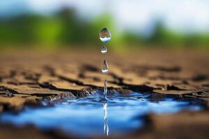 Single Water Droplet on Cracked Dry Earth Surface Reflecting Natural Light photo