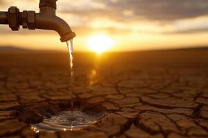 Dripping Water from Faucet Nourishing Parched Soil During Sunset in Dry Landscape photo