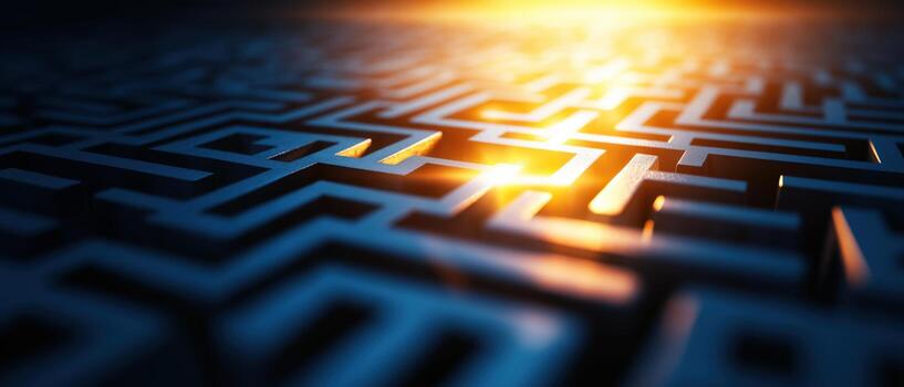 Panoramic View of Maze with Arrows Indicating Clear Escape Path at Twilight photo