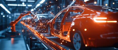 Dynamic Shot of Conveyor Belt with Half Assembled Cars in Automotive Factory Setting photo