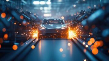 Futuristic Electric Car Assembly Line with Robotic Arms and Sparks in Factory photo