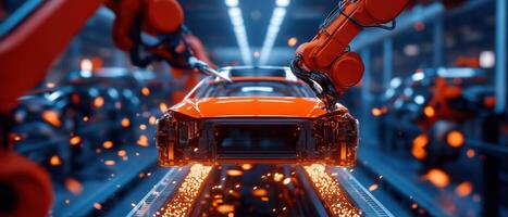 Dynamic Conveyor Belt with Half Assembled Car in Modern Production Facility photo