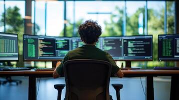 Student Sitting at High-Tech Desk Surrounded by Multiple Computer Screens in Modern Setting photo