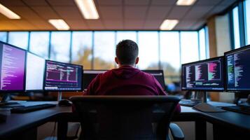 Student Working at High-Tech Desk Surrounded by Multiple Computer Screens photo