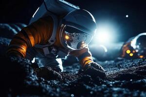 Astronauts Engaged in Mining Activities on an Asteroid for Valuable Natural Resources Amidst Cosmic Landscape photo