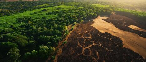 Aerial View of Deforested Area Transitioning to New Growth with Vibrant Greenery photo