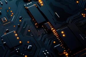 Close-Up of an Intricate Circuit Board with Protective Coating and Illuminated Components photo