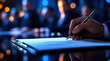 Close Up of Trade Negotiation Document Being Signed with a Pen at a Business Meeting with Blurred Background photo
