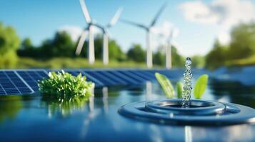 Innovative Water Treatment Facility with Wind Turbines and Solar Panels in Nature photo