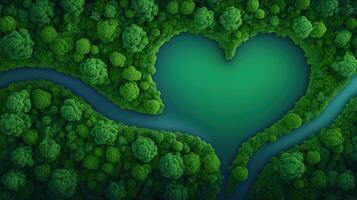 Aerial View of Lush Green Forest with Winding River Forming a Heart Shape in the Natural Landscape photo