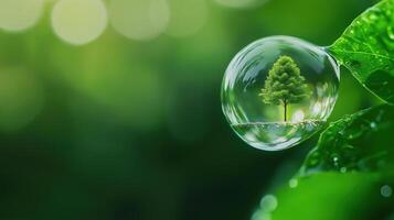 Tiny Tree Growing Inside a Water Drop on Leaf Surface Representing Nature's Beauty and Resilience photo