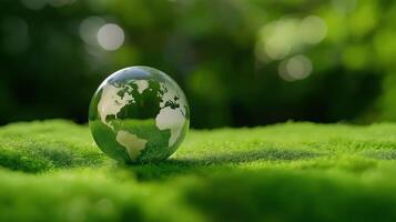 Earth in Glass Sphere on Bed of Moss, Showcasing Fragile Ecology and Nature's Beauty photo