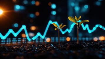 Eco Concept of Growth with Seedlings Against a Backdrop of Data Graphs and Digital Visualization photo