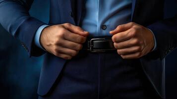 Professional Man in Suit Fastening Belt with Formal Attire in Studio Setting with Dark Background photo