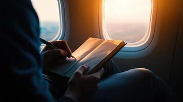Person Writing in Notebook While Sitting by Airplane Window During Sunset with Scenic View Outside photo