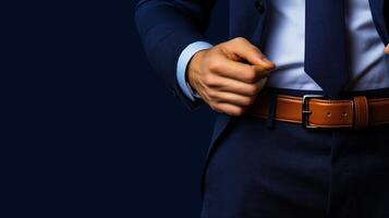 Professional Man Adjusting Tie and Suit in Dark Background, Stylish Business Attire for Corporate Settings photo