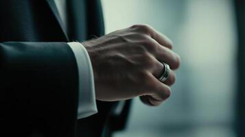 Elegant Man in Suit Adjusting Cufflinks While Wearing Wedding Band in Soft Focus Background photo