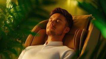 Relaxed Young Man Enjoying Calm Atmosphere in a Cozy Chair Surrounded by Lush Green Plants photo