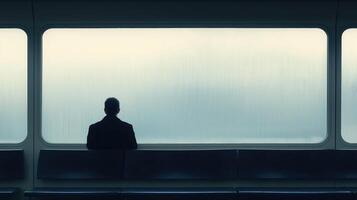 Contemplative Figure Gazing Out of a Foggy Train Window in a Minimalist Urban Setting photo