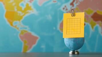 Colorful World Map Background with Globe and Sticky Note for Planning, Ideas, and Learning Activities photo