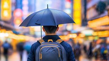 Man with Umbrella in Rainy Urban Street Surrounded by Colorful Neon Lights at Nighttime photo