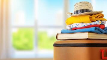 Summer Travel Essentials Packed Suitcase with Colorful Clothes and a Stylish Hat in a Bright Room photo