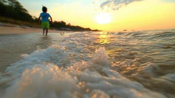Child Running Along Shore at Sunset with Gentle Waves and Serene Sky in Background Capturing Joyful Moment photo