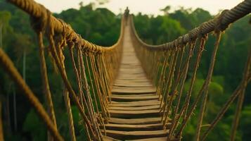 Wooden Suspension Bridge Surrounded by Lush Green Forest and Scenic Landscape in Tranquil Nature Setting photo
