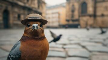 Charming Bird in a Hat Posing in an Urban Environment with Historic Architecture and Other Birds Nearby photo