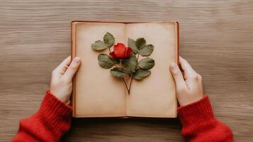 Romantic Gesture with a Red Rose on an Open Book Surrounded by Leaves in a Cozy Setting photo